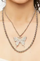 Women's Butterfly Pendant Necklace Set in Silver