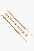 Women's Faux Pearl & Curb Chain Bracelet Set in Gold/Cream