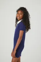 Girls Ribbed Knit Combo Dress (Kids) in Blue/White, 7/8