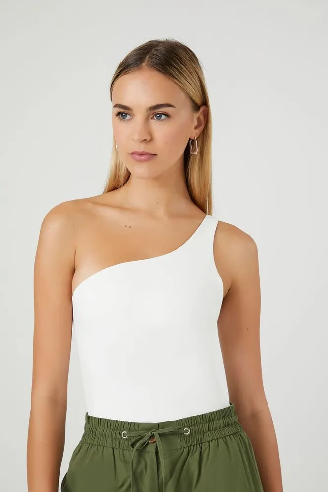 Forever 21 Women's Contour One-Shoulder Bodysuit in White, XL