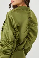 Women's Ruched Satin Cropped Bomber Jacket in Dark Olive Small