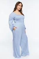 Women's Smocked Peasant-Sleeve Jumpsuit in Dress Blues, 0X