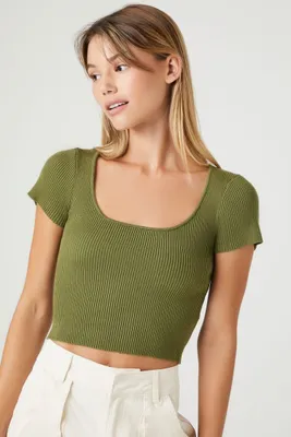 Women's Sweater-Knit Square-Neck Crop Top Olive