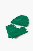 Men Unisex Ribbed Knit Beanie & Gloves Set in Green