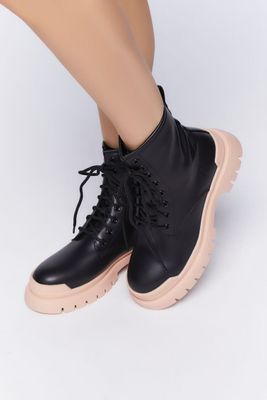 Women's Faux Leather Colorblock Combat Boots in Black/Blush, 7