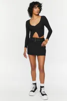 Women's Long-Sleeve Button-Front Crop Top in Black Large