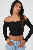 Women's Smocked Off-the-Shoulder Crop Top in Black Medium