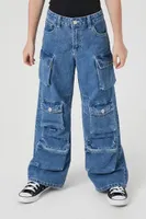 Girls Wide-Leg Cargo Jeans (Kids) in Medium Denim, 9/10