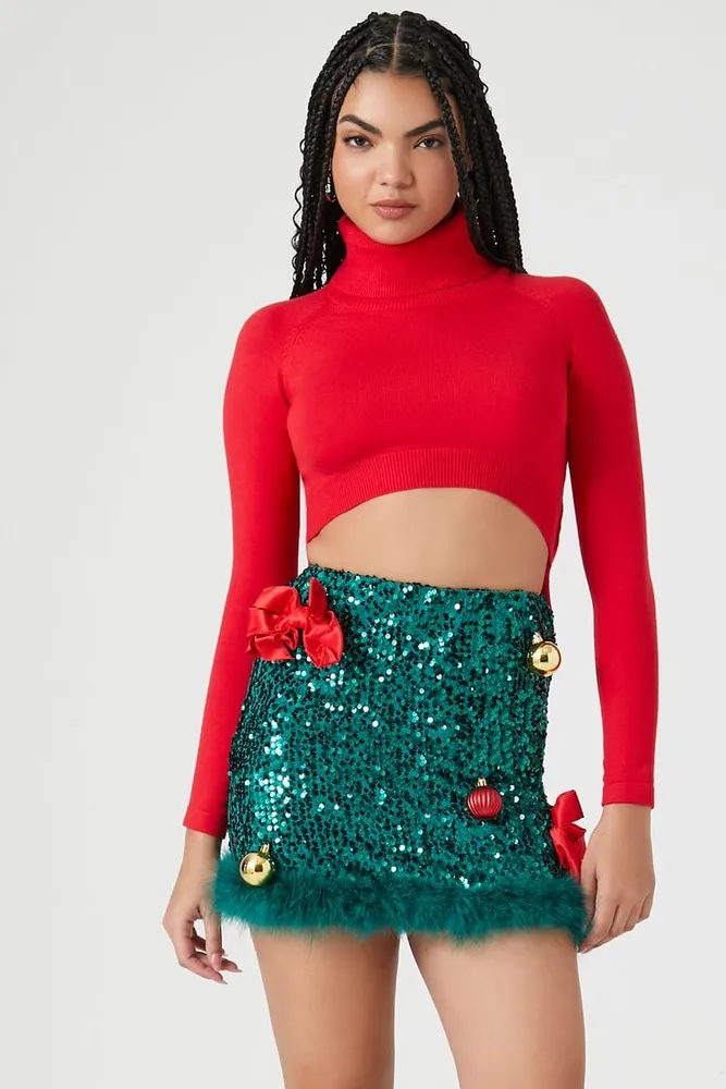 Women's Christmas Bow & Ornament Sequin Mini Skirt in Green Small