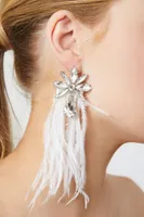 Women's Feather & Faux Gem Drop Earrings in Silver/White