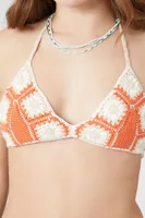 Women's Crochet Tie-Back Crop Top in Orange Large