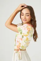 Women's Floral Short-Sleeve Wrap Crop Top in White Medium