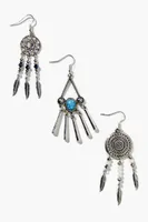 Women's Faux Stone Dreamcatcher Drop Earring Set in Silver/Turquoise