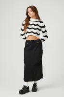 Women's Cropped Striped Sweater in Black, XS