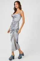 Women's Satin Ruched Midi Dress in Silver Large