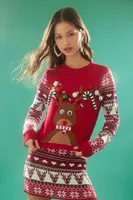 Women's Fair Isle Reindeer Holiday Sweater Dress Red