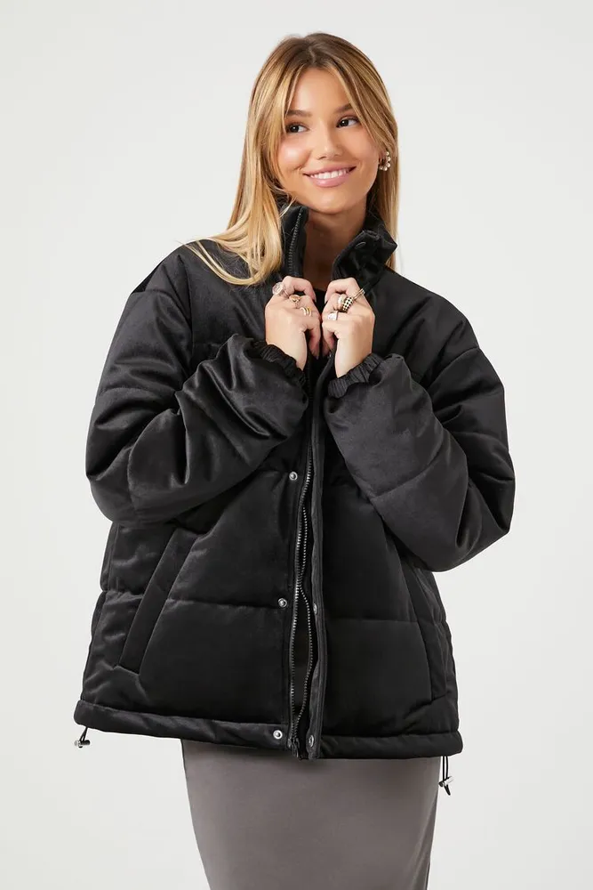 Women's Quilted Toggle Puffer Jacket in Black, XL