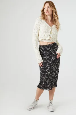 Women's Floral Print Mesh Midi Skirt in Black, XS