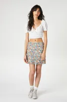 Women's Floral Print Lettuce-Edge Mini Skirt in Blue Large