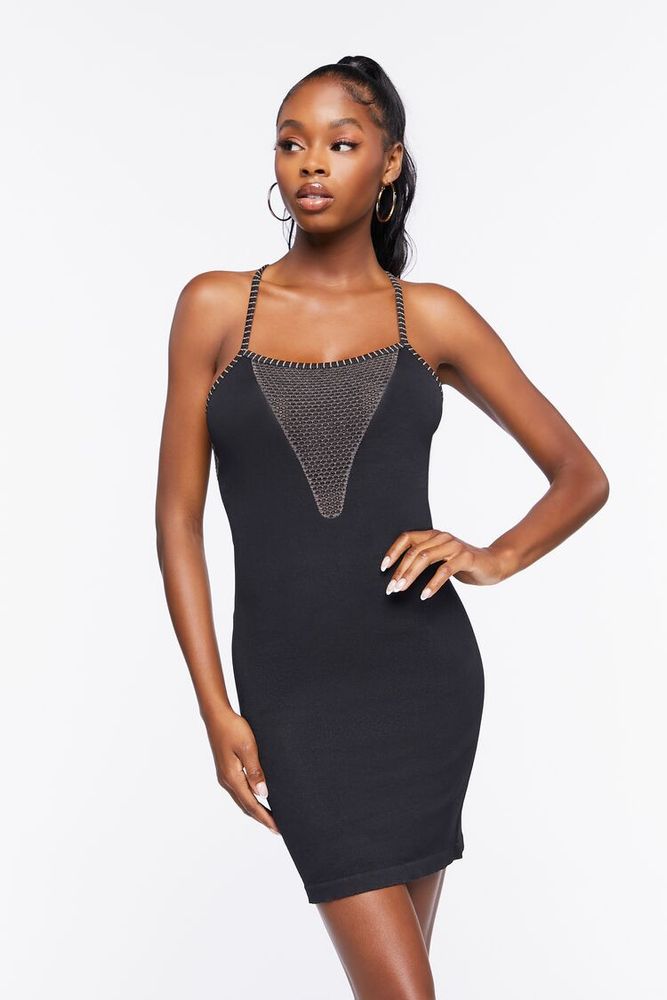 Women's Seamless Mesh-Panel Mini Dress in Black/Brown, M/L