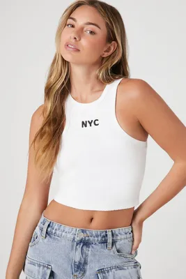 Women's Ribbed NYC Graphic Tank Top in Cream/Black Large