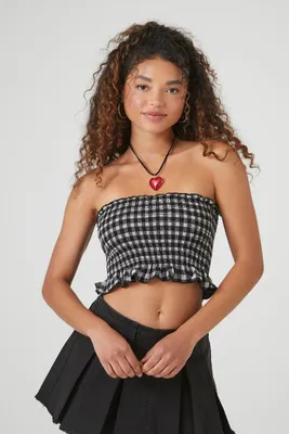 Women's Gingham Plaid Ruffle Cropped Tube Top in Black/White Large