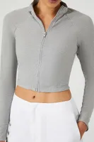 Women's Zip-Up Mock Neck Crop Top in Heather Grey Large