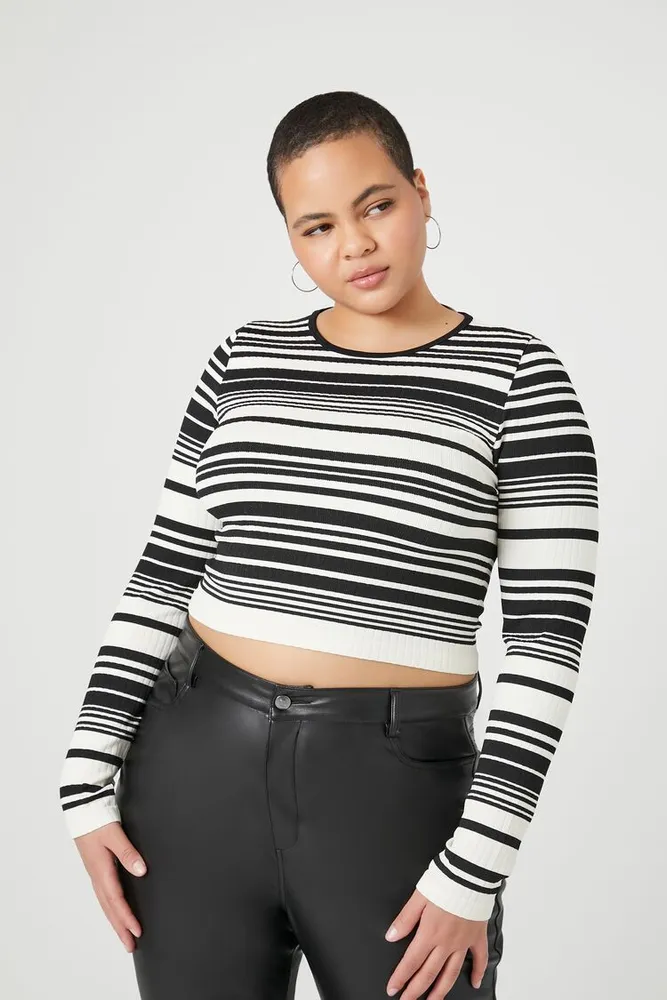 Forever 21 Women's Side-Striped Cropped Tank Top in Black/White