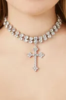 Women's Rhinestone Cross Pendant Necklace in Silver/Clear