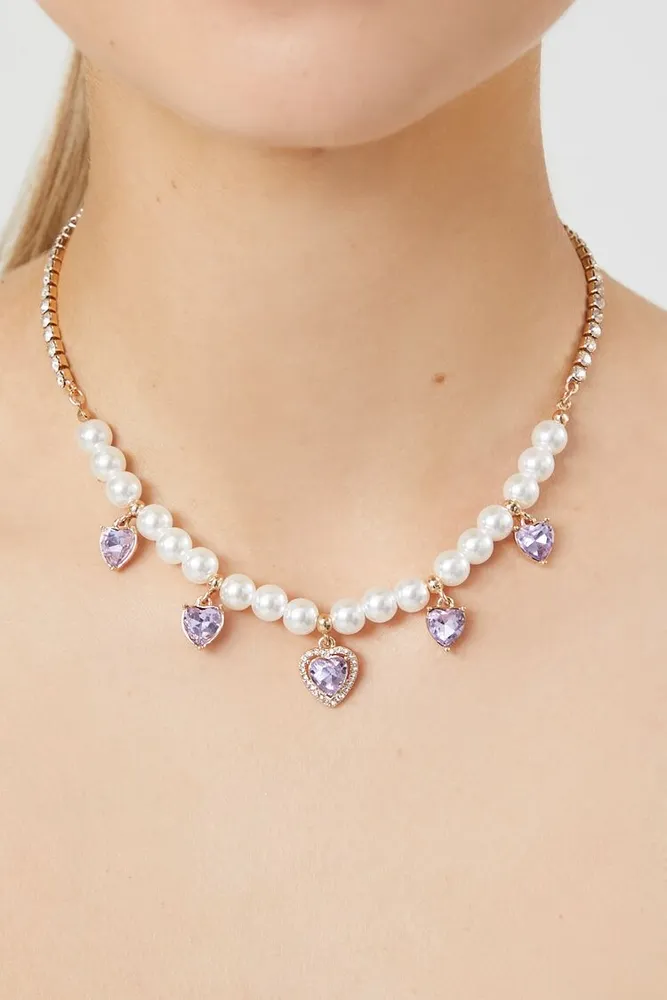 Women's Faux Pearl & Heart Gem Necklace in Cream/Purple