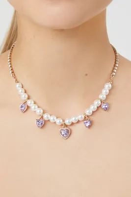 Women's Faux Pearl & Heart Gem Necklace in Cream/Purple