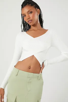 Women's Sweater-Knit Crossover Crop Top in White Large