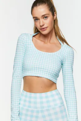 Women's Active Gingham Halter Crop Top in Powder Blue/White, XS