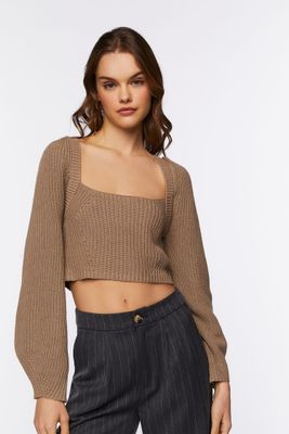 Women's Rib-Knit Cropped Sweater in Taupe Medium