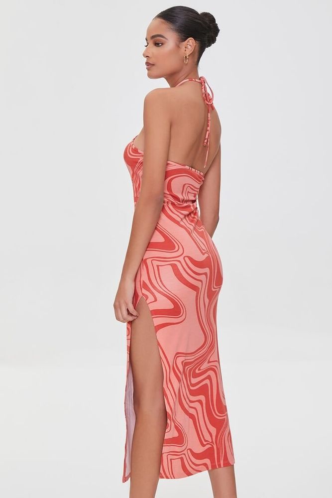 Women's Marble Print Halter Midi Dress in Pink/Red Medium