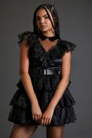 Women's Goth Girl Ruffle Dress & Knife Hair Clip Costume Set in Black Medium