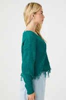 Women's Distressed Sharkbite Cutout Sweater in Green Medium