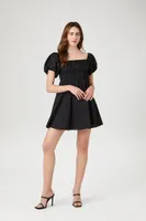 Women's Poplin Peasant Mini Dress in Black Small