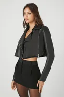 Women's Faux Leather Cropped Moto Jacket in Black Small