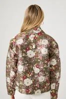 Women's Twill Floral Print Moto Jacket in Olive Small