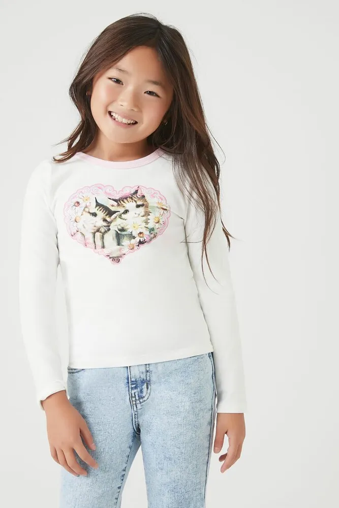 Girls Long-Sleeve Cat Graphic Top (Kids) in White, 9/10