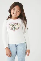 Girls Long-Sleeve Cat Graphic Top (Kids) in White, 9/10