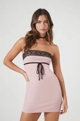 Women's Lace-Trim Tube Mini Dress in Pink/Black Large