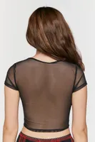 Women's Sheer Mesh Button-Loop Crop Top in Black Medium