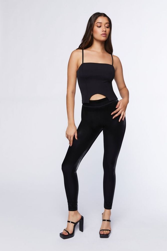 High-waist PU Faux Leather Black Leggings with Silver Striped 