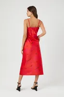 Women's Satin Abstract Print Midi Dress in Fuchsia Medium