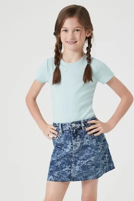 Girls Floral Denim Skirt (Kids) in Medium Denim, 13/14