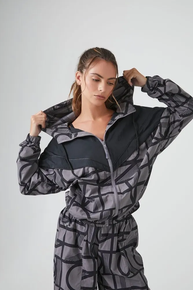 Women's Active Geo Print Windbreaker Jacket in Charcoal/Black, XS