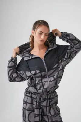 Women's Active Geo Print Windbreaker Jacket in Charcoal/Black Medium