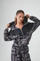 Women's Active Geo Print Windbreaker Jacket in Charcoal/Black, XS